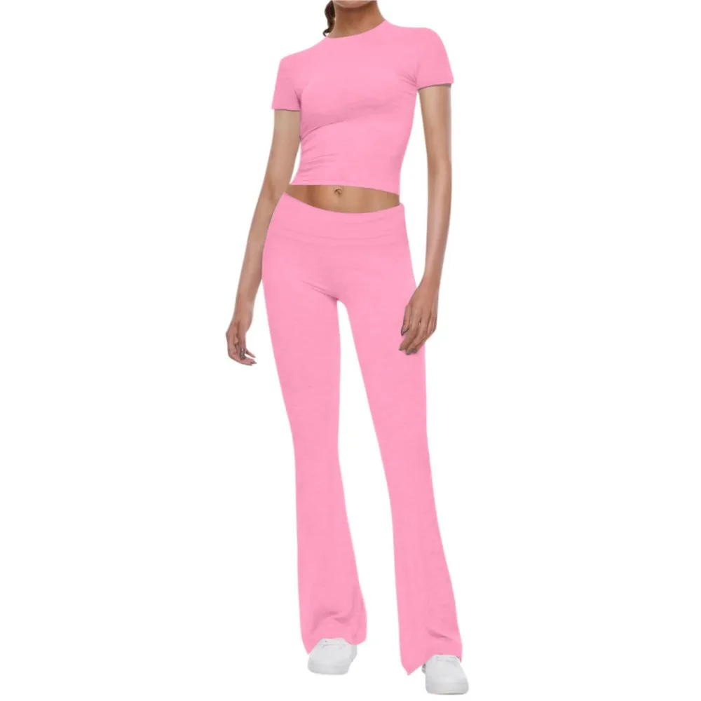 

Comfortable 2-piece Home Wear Lady High-elastic Slim Crop Top Tight Bell-bottom Suit Gym Sports Daily Yoga Leisure 2-pieces Set