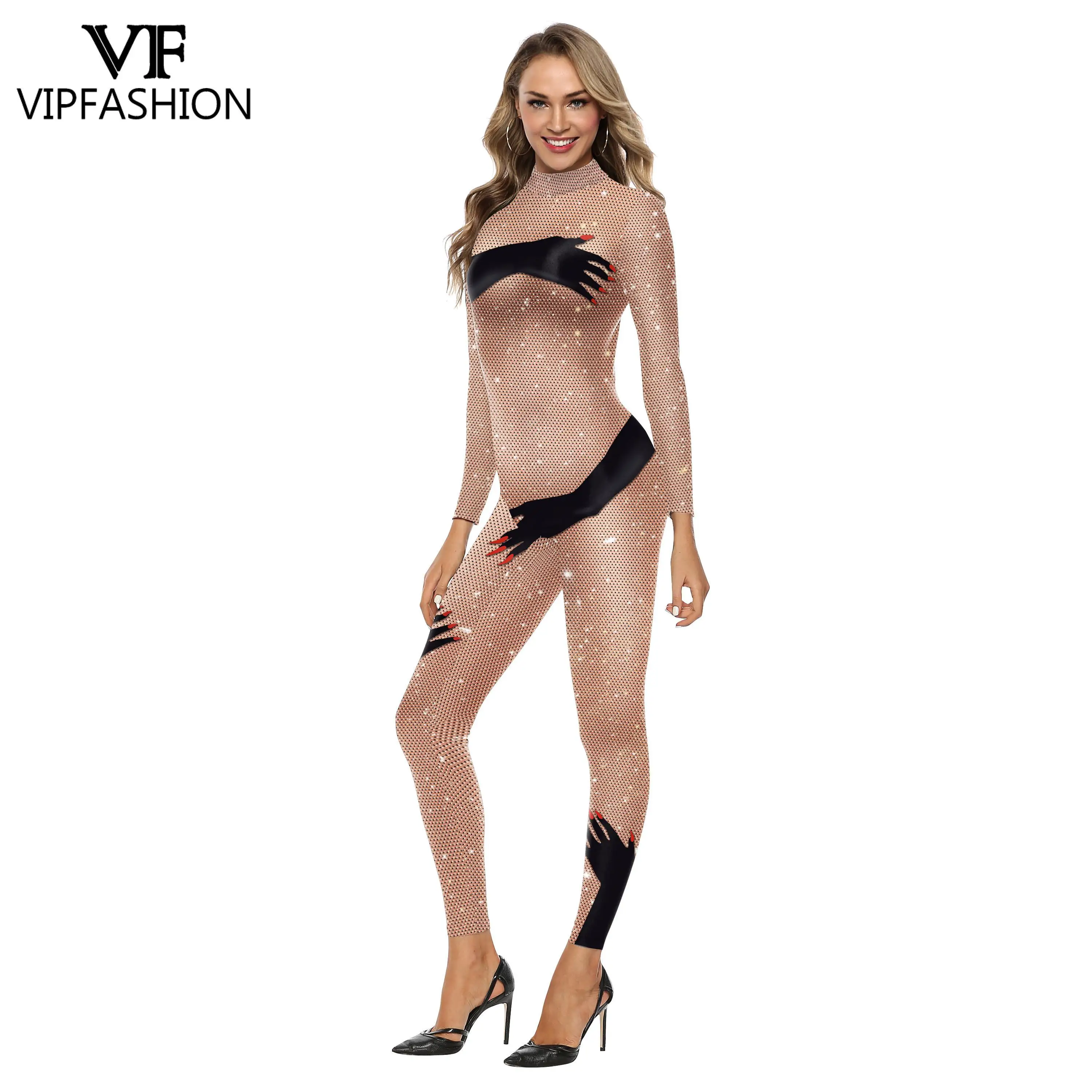 VIP FASHION Beaded Mesh Jumpsuit Woman Sexy Catsuit Holiday Cosplay Costume Party Disguise Oufit Female Zentai Bodysuit