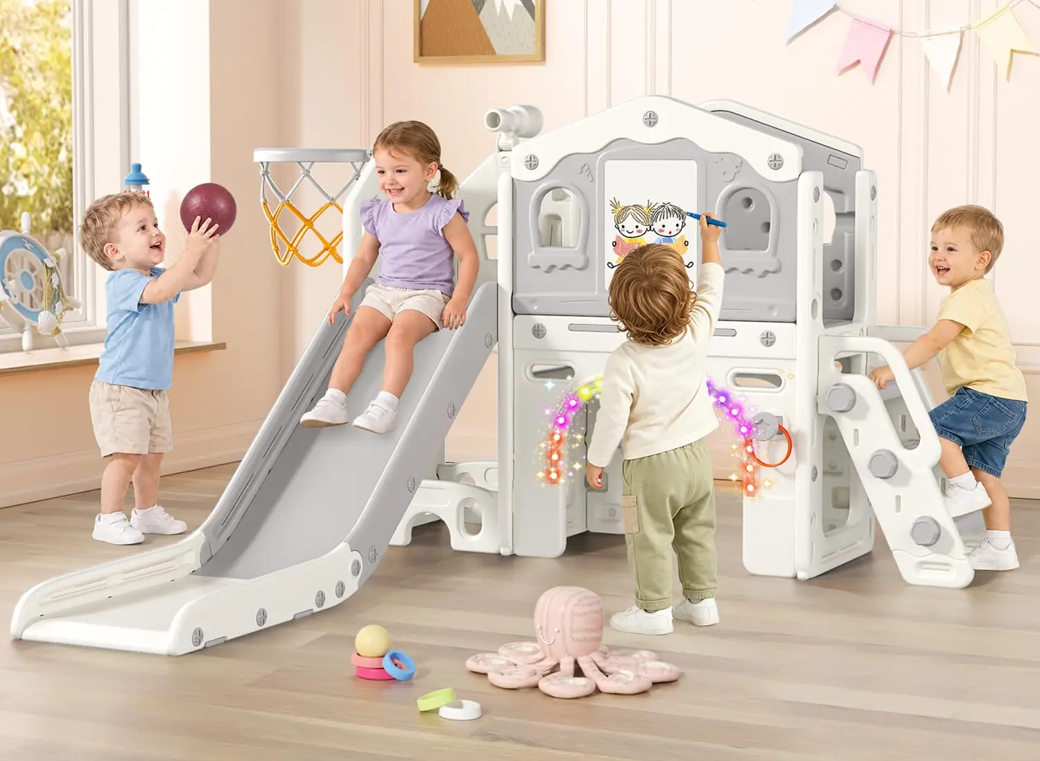 9 in 1 Toddler Slide for Toddlers Aged 1-3 Indoor Playset White | L-Shaped Baby Slide with Basketball Hoop, Telescope Toy, Color
