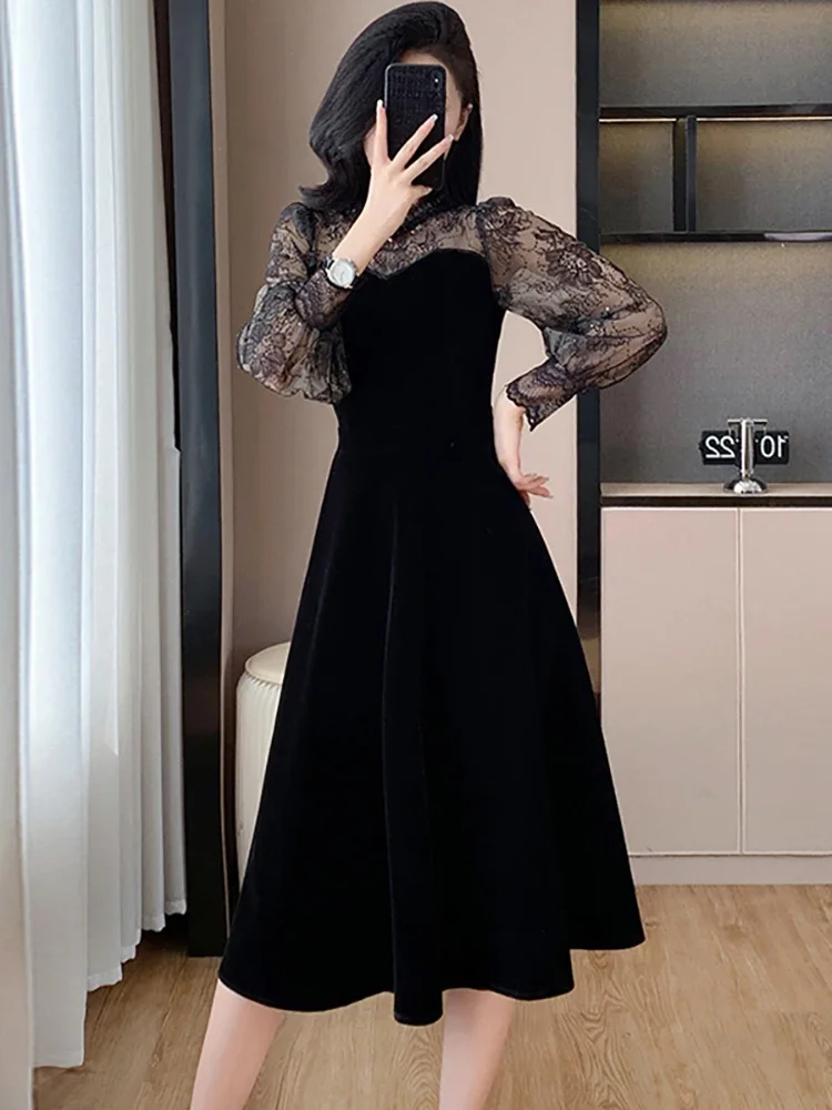 2024 Black Velvet Patchwork Lace Sheer Sexy Long Dress Women Elegant Ruffled Luxury Dress Autumn Winter Korean Vintage Vestidos