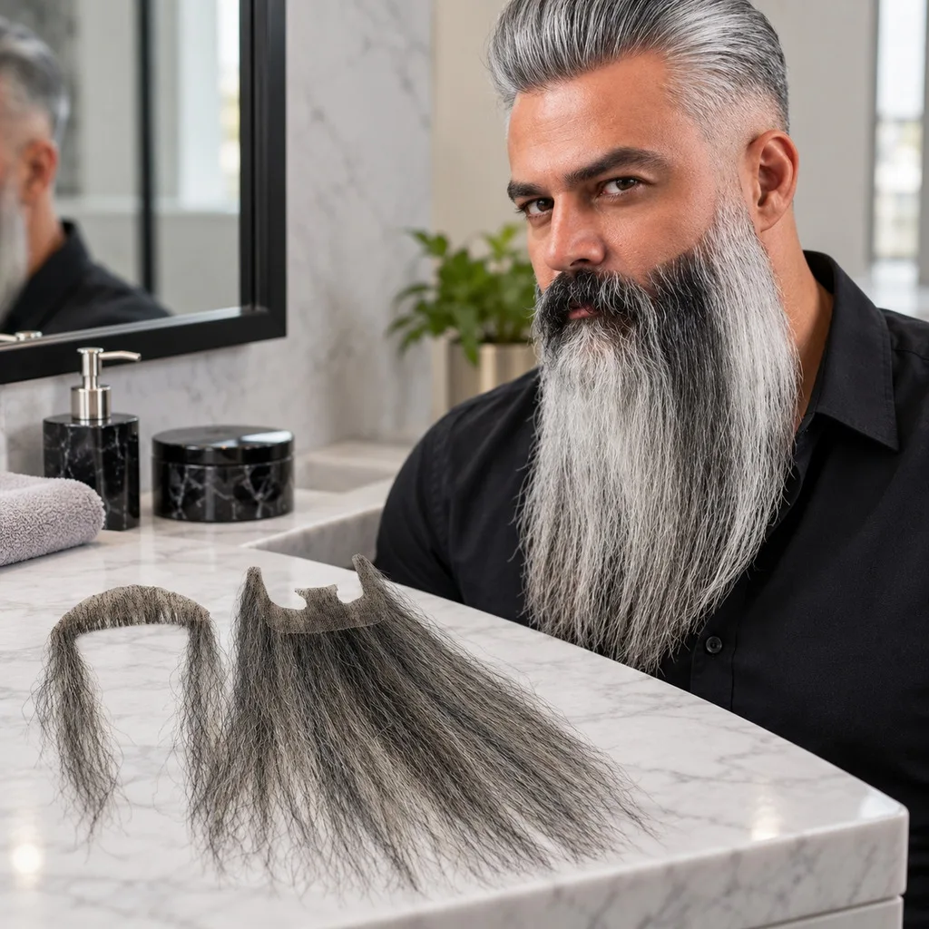 Salt And Pepper Gray Human Hair Fake Beard for Men 5-6 Inch Long Hand Tied Lace Base with Matching False Mustache