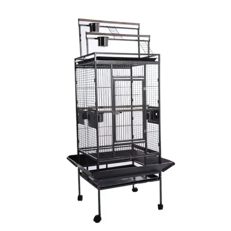 68 Inch Parrot Pet Big Bird Cage, Luxury Large Space 6 Feeders Bird Breeding Cage, Black Metal Iron 4 Wheels Macaw Bird Cage