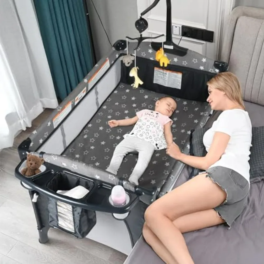 ベビーベッド、蚊帳付きポータブルベビーベッド、マットレス、おむつ交換台、新生児から幼児まで使えるプレイペン、パック