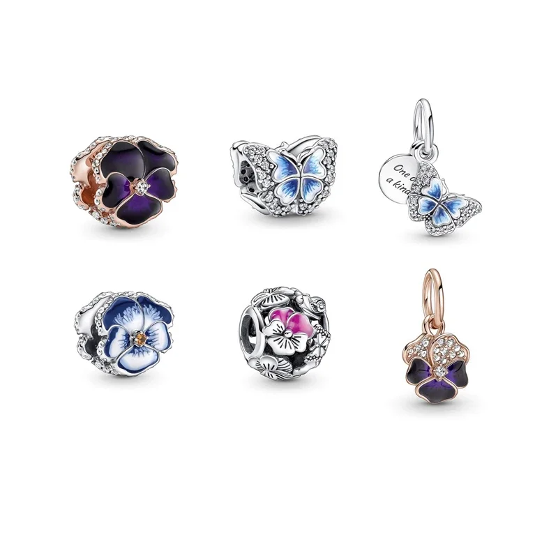 

Authentic 925 Sterling Silver Pink Blue Pansy Flower Beads Charms Fit Original Brand Bracelet Necklace Jewelry Women Berloque