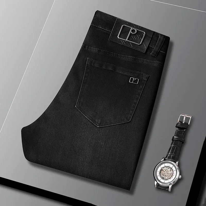 Black Gray Jeans Men's Thick Autumn 2024 New Denim Clothing Casual Stretch Slim High-End Fashion Brand Trousers