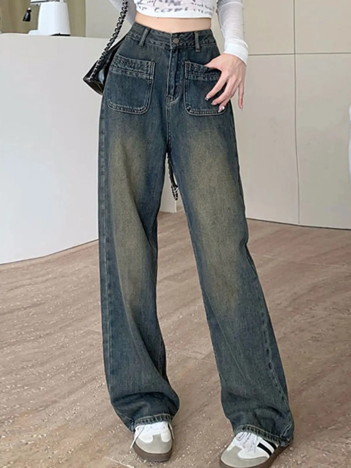 

2024 Spring Autumn Women High Waisted Straight Wide Leg Jeans Unisex Multiple Pockets Denim Pants Trendy Street Casual Trouser