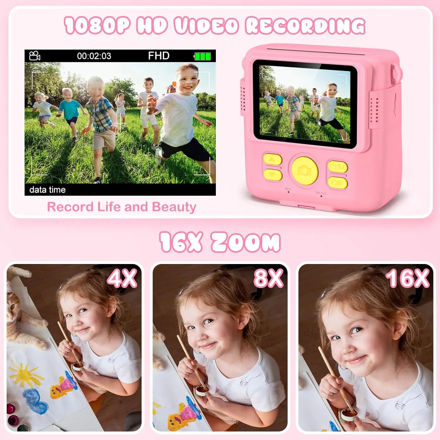 Appareil photo numérique instantané pour enfants, caméra vidéo 2.4 P, impression instantanée, carte 32 Go, cadeau pour 3 à 12 ans, 1080 pouces