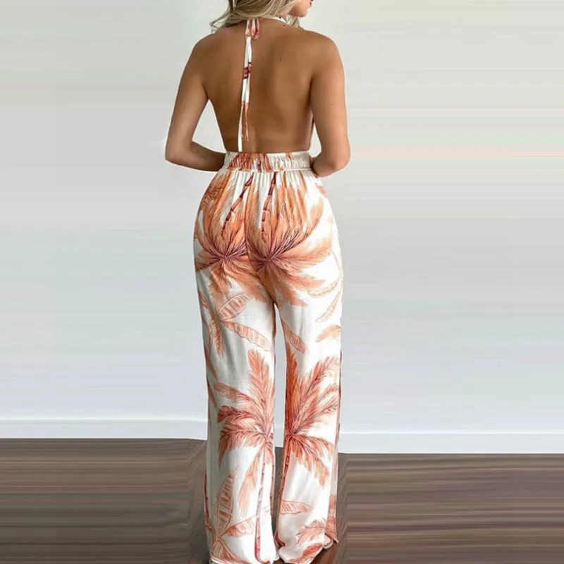 New Summer Beach Bohemian Jumpsuit Women sexy backless Printed wide leg Bodysuits Elegant casual side split one piece set