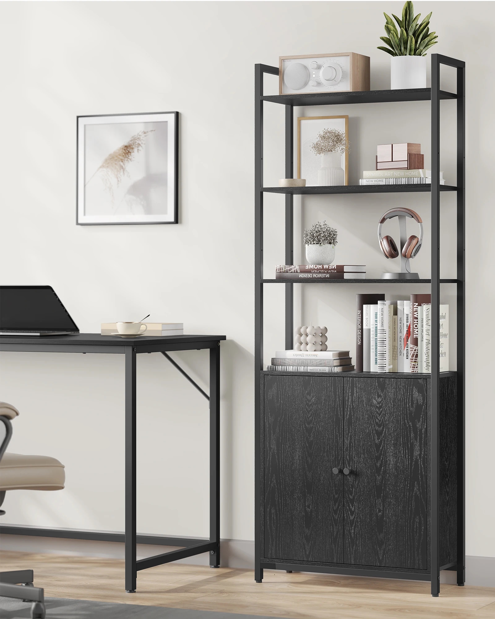 VASAGLE Bücherregal, 6 Ebenen, Regal, Standregal mit Türen, Metallrahmen, verstellbaren Ablagen, 24 x 60 x 159,5 cm