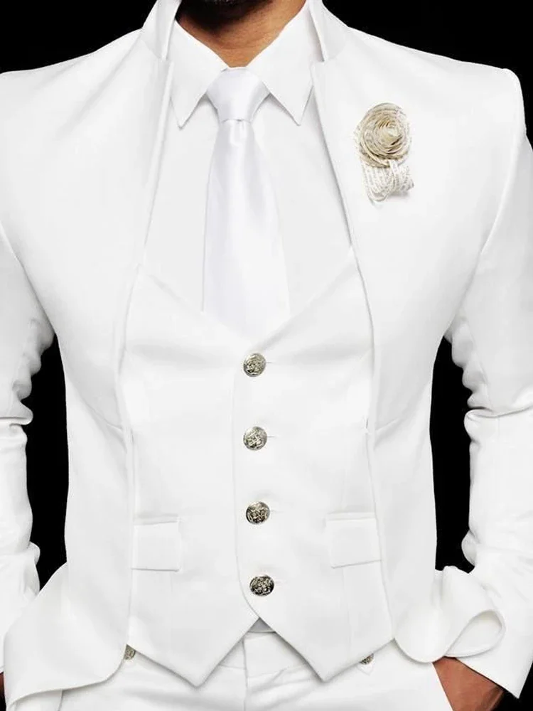 

Men White Full Suit Slim Fit Fashion Casual Suit 3pcs Jacket+Vest+Pants Set Groom Wedding Dress Tuxedo Costume Homme