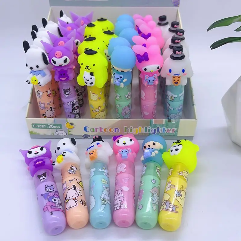 Sanrio 12/36pcs Cute Cartoon Mini Fluorescent Pen Creative Multi-Color Marker Students Draw Key Painting Marker Pen Stationery