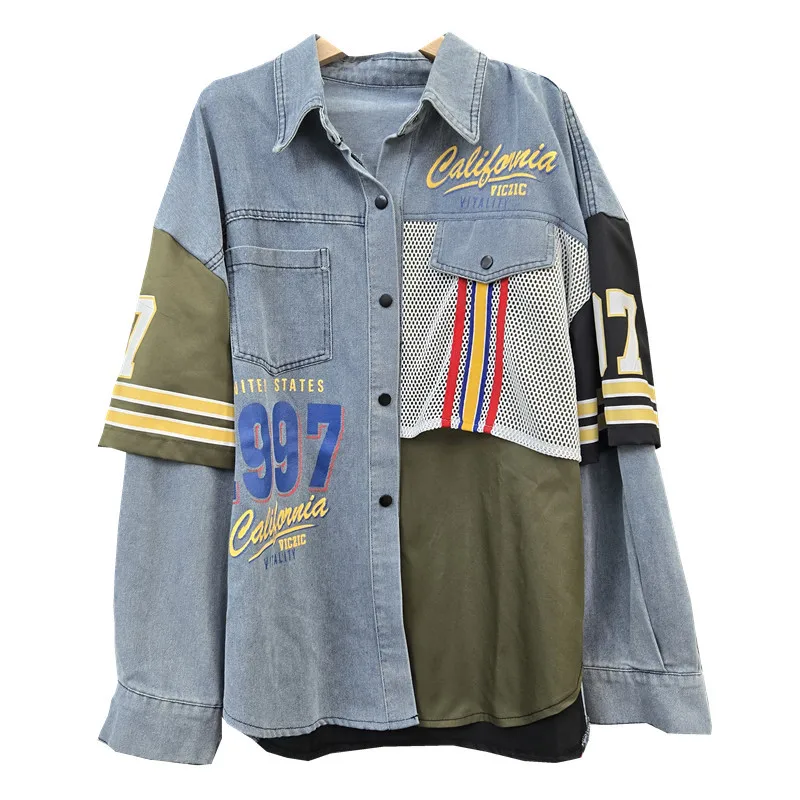 العصرية النمط الأمريكي عارضة الثقيلة الرجعية اللون كتلة المطبوعة الدنيم قميص للنساء فضفاض التخسيس أعلى سترة القمصان العصرية