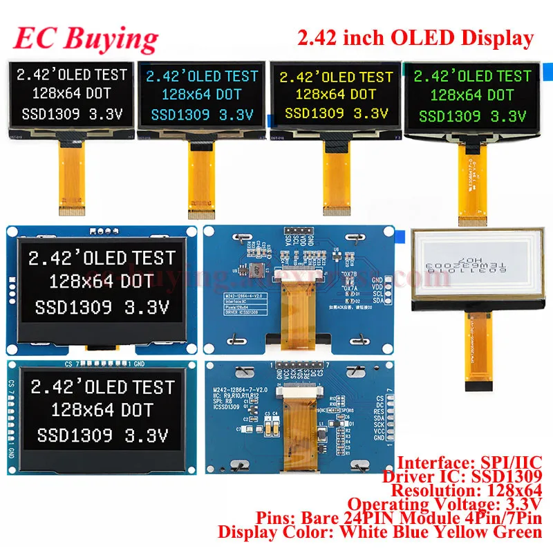 modulo-de-display-oled-de-242-polegadas-tela-lcd-de-242''-128x64-pontos-12864-com-driver-ssd1309-spi-iic-i2c-branco-azul-amarelo-verde-4-7-pinos