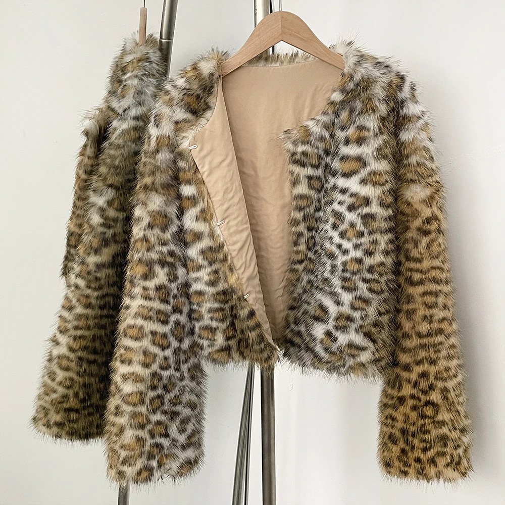 

OFTBUY Fur Coat Women Leopard O-neck Faux Fur Jacket Eco-friendly Autumn Winter Short Coat Artificial Thick Warm Female New 2025