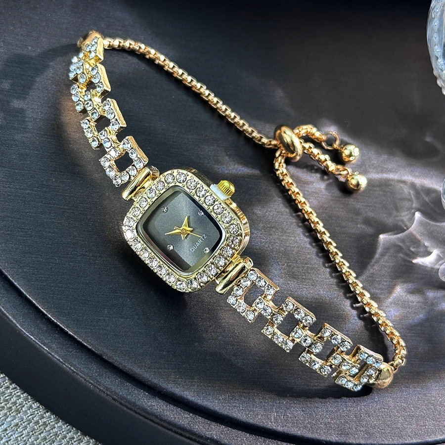 Cross-border new small square bracelet pull women's watch free adjustment square chain diamond set small ladies quartz watch