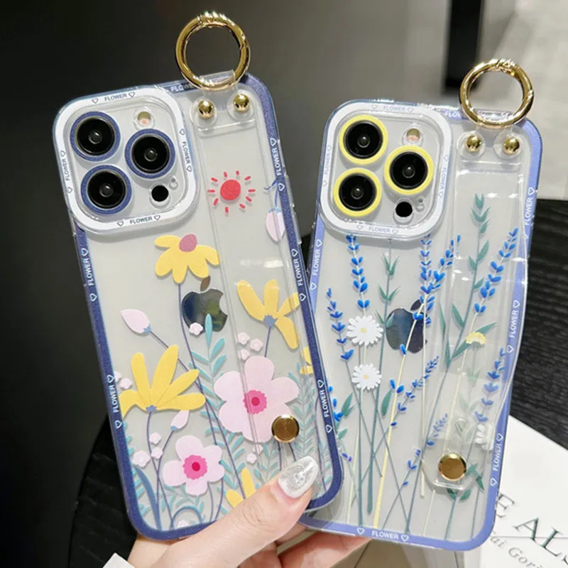 Fashion Flowers Wrist Strap Clear Phone Cases For Iphone 13 12 11 14 15 Pro MAX X XR XS 7 8 Plus Cover Hand Band Case Soft TPU