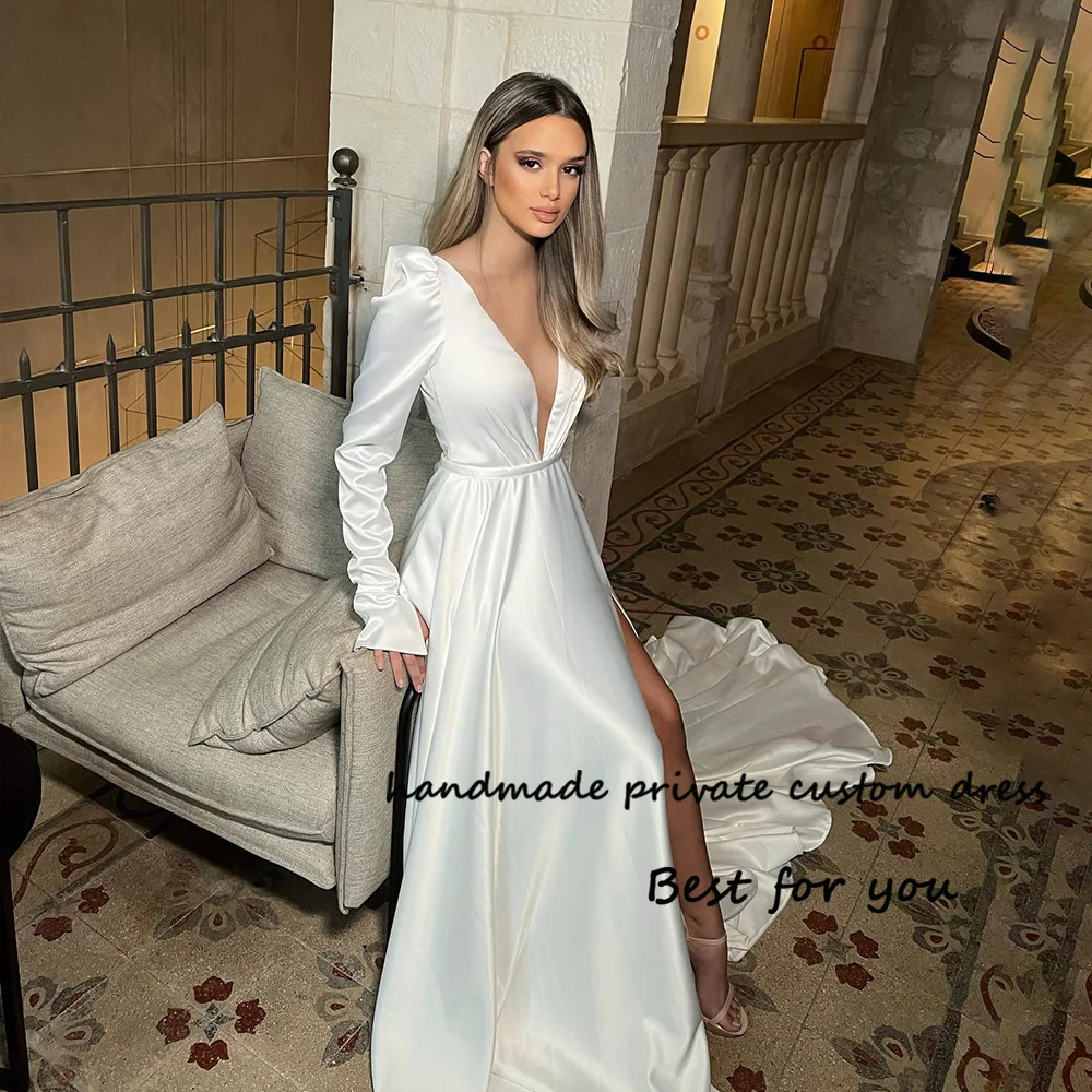 

White Sexy Leg Split Wedding Dresses Long Sleeve Mono Satin Israel Bride Dress Beach Wedding Party Gowns with Train