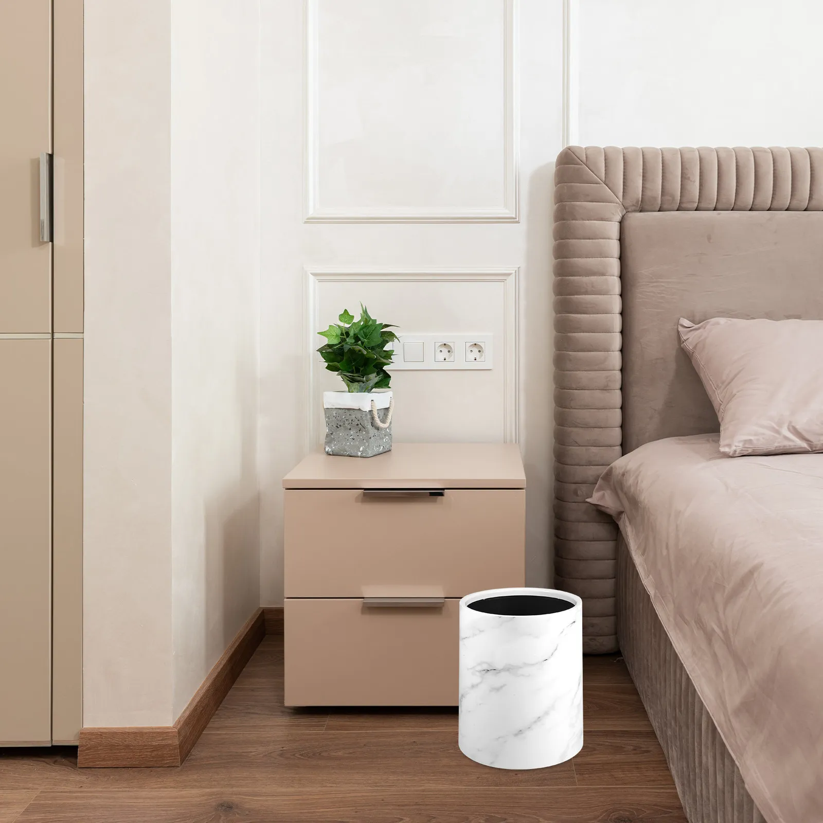 

Small Marble Texture Trash Bin Round Lidless Garbage Container Large Capacity Stable Structure Home Kitchen Office Waste Basket