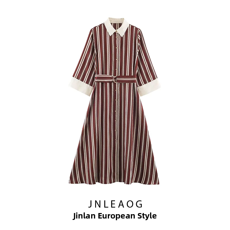 Fashionable Striped Midi Dress with Belt Autumn New Arrival Women's Clothing JNLEAOG Long Sleeve Polyester Fiber Casual Scene