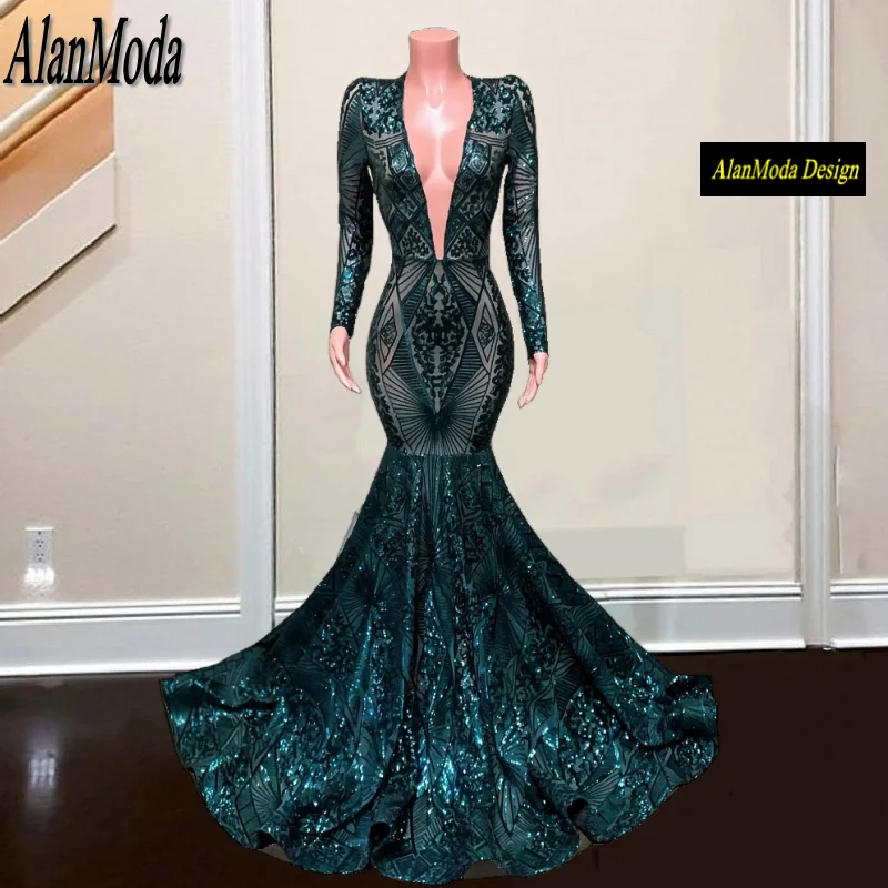 Sexy Mermaid Prom Dresses Long Sleeve 2024 Sheer Sparkly Emerald Green Sequined Black Girls Evening Gala Party Gowns Customized