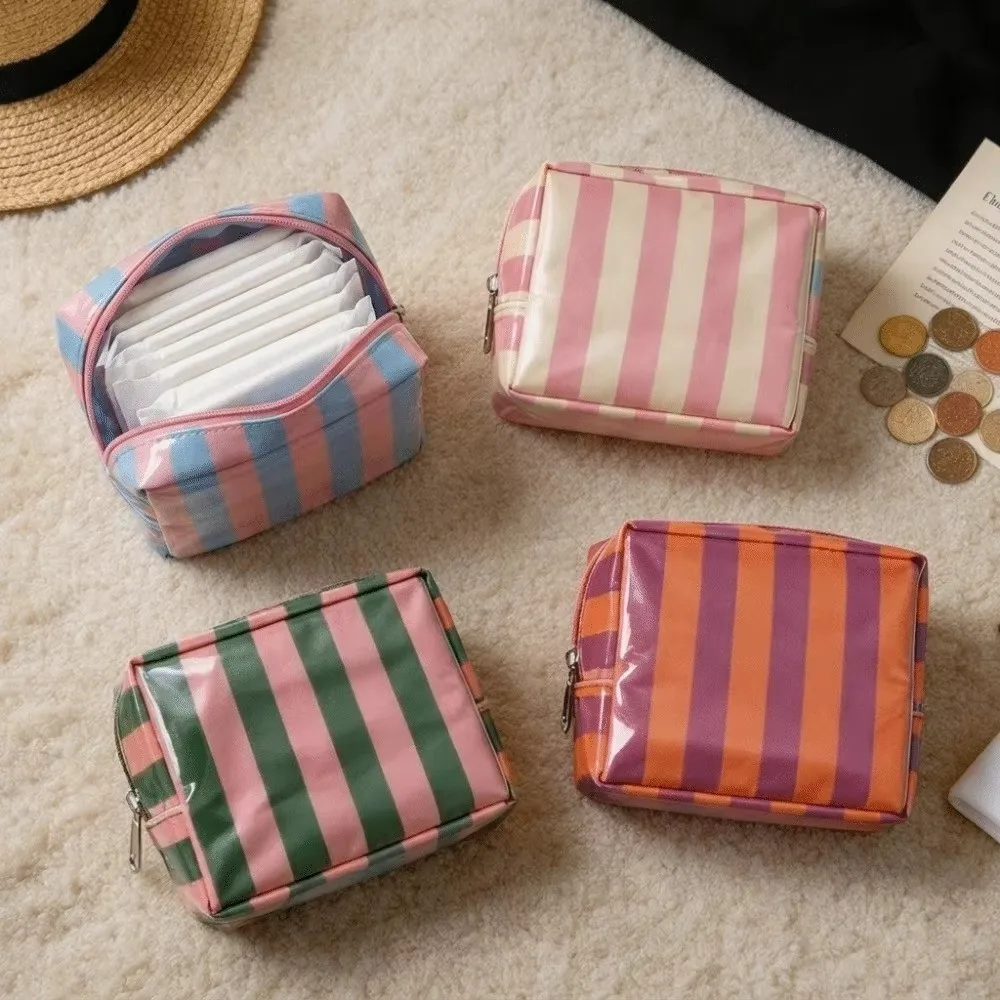 New Mini Size Makeup Bag Striped Design PVC Material Toiletry Bag Waterproof Lightweight Sanitary Napkin Storage Bag Travel Use