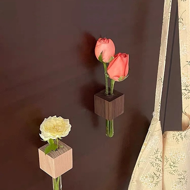 Wooden Test Tube Vase DIY Flower Arrangement Magnetic Simulation Glass Flower Vase Refrigerator Sticker Home Kitchen Decoration