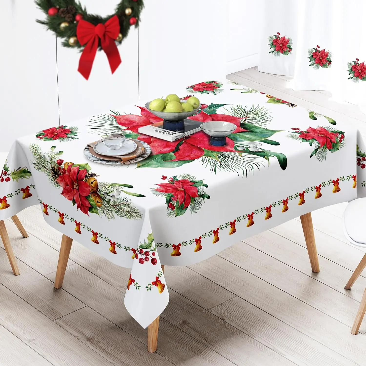 Christmas Poinsettia Bell Tablecloth for Table Decor Reusable Winter Xmas Holiday Kitchen Dining Tablecloth Christmas Decoration