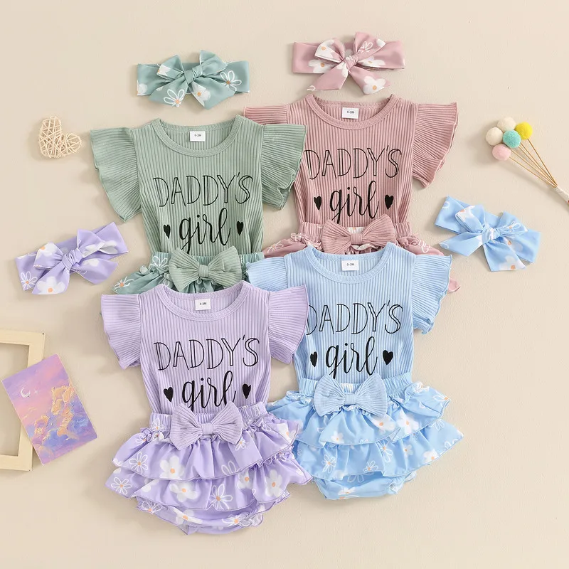 Baby Girls Father's Day Outfits Letter Print Fly Sleeve Romper with Floral Shorts and Heaband 3 Pcs Summer Set