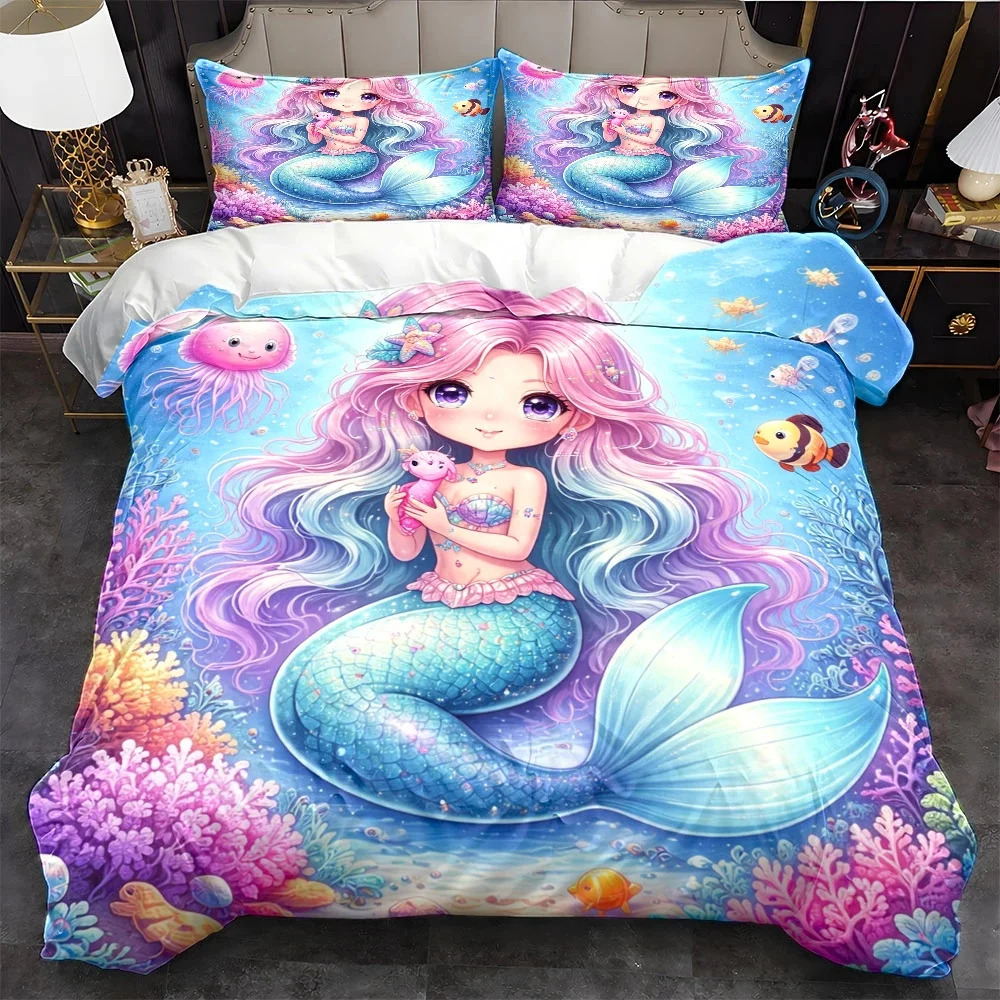 3Pc Cartoon Mermaid Bedding Set (1*Duvet Cover + 2*Pillowcases), Duvet Cover Set Suitable for All Seasons, Machine Washable, Invisible Zipper Double Bed Cover for Home, Dormitory, Master Bedroom, Guest Room, Large Duvet Cover Bedding Set, Dreamy Ocean Style Coral Jellyfish Print Bedding, Cute Mermaid Princess Bed Cover Set, Specially Designed Soft Skin-Friendly Bedding Set, Fairy Tale Style Mermaid Duvet Cover Bedding Set 2D Flat