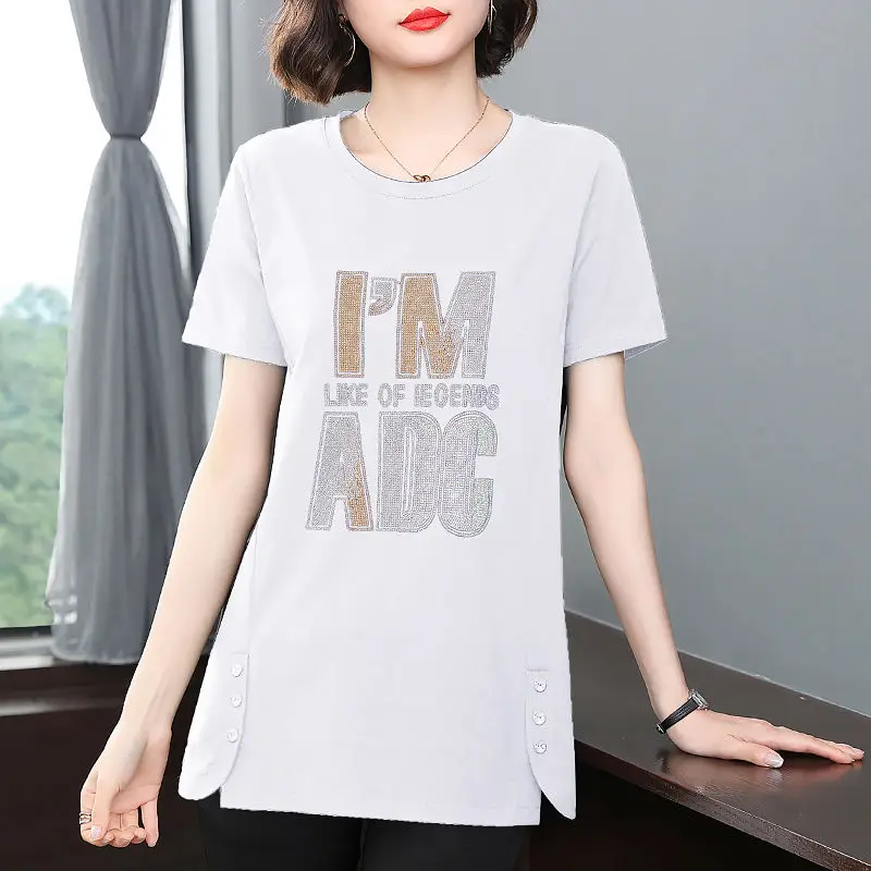 Summer New Vintage Loose Tops Split Hem Short Sleeve Print Letter Solid Button Casual T Shirts Fashion Office Women Clothing