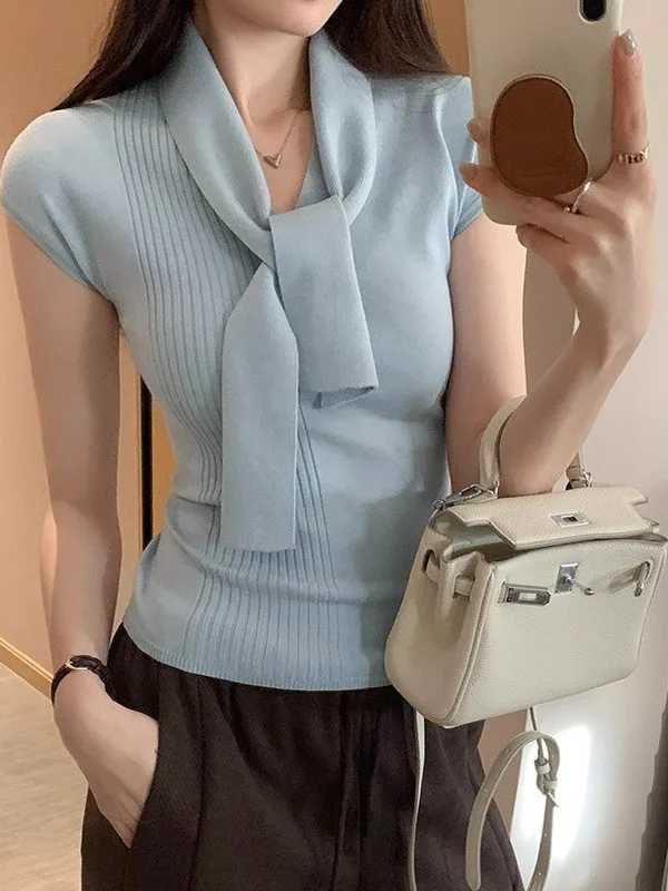 

Korean Style Slim Fit Knitted Belted Short Sleeve Women's Top Summer New Design Small Audience V-neck Thin Material