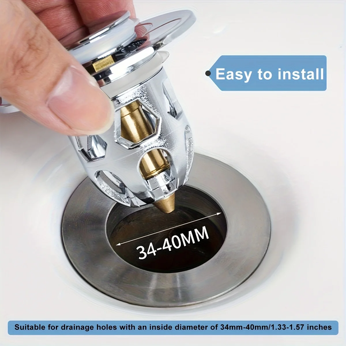 سدادة حوض الحمام من الفولاذ المقاوم للصدأ مع سلة التقاط الشعر المضادة للانسداد - فلتر تصريف منبثق من نوع الدفع السهل
