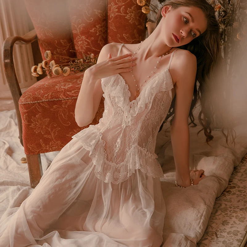 

Black White Deep V Tulle Lace Sexy Adult Lingеrie Long Night Dress Woman Lencerias Babydoll Nightgowns Nuisette Sleepwear