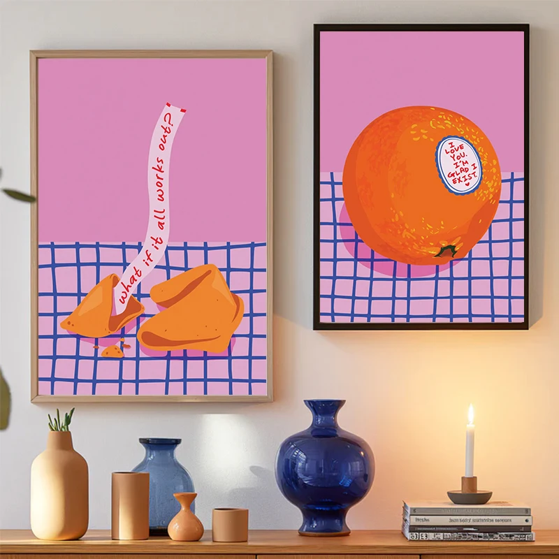 Póster de lienzo rosa y azul, arte con ilustración de galleta de la fortuna, qué se todo lo trabaja, decoración de pared de moda con afirmación motivacional