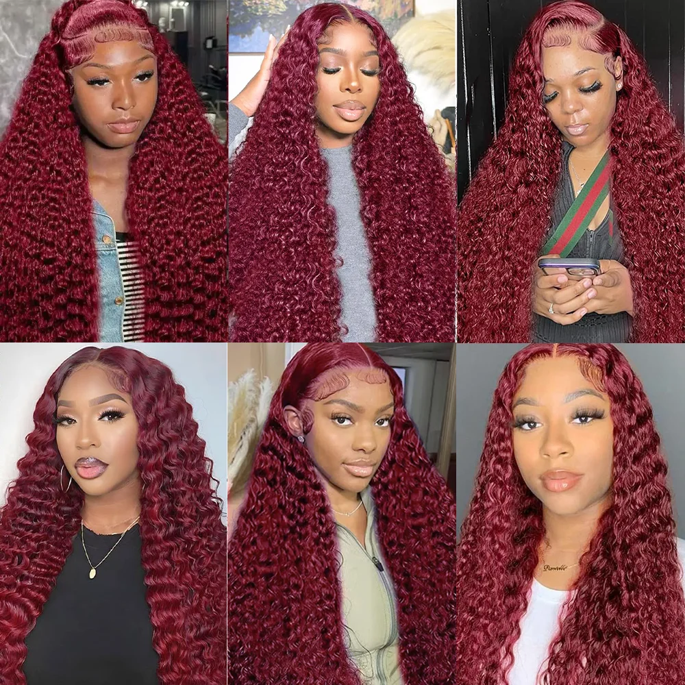 99J Burgundy 13x6 HD Lace Frontal Wig Human Hair Brazilian 36 inch Deep Wave Lace Front Human Hair Wigs HD Transparent for Women