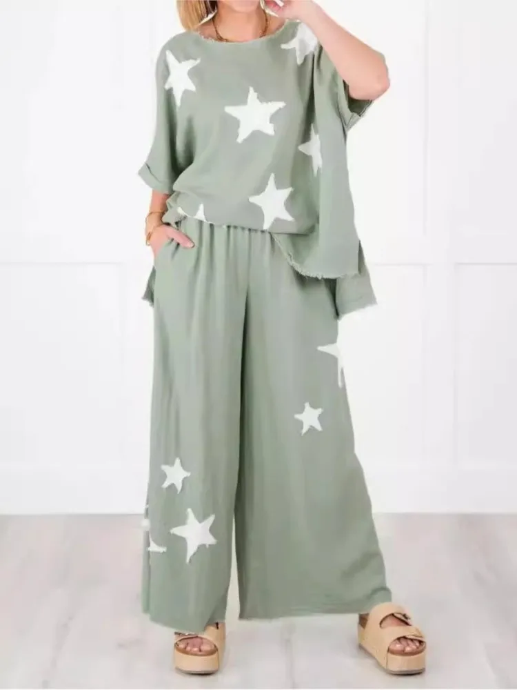 Casual Loose Two Piece Set Star Print Top + Wide Leg Pant Sets Homewear Suits Summer Comfortable Half Sleeve Trouser Outfits