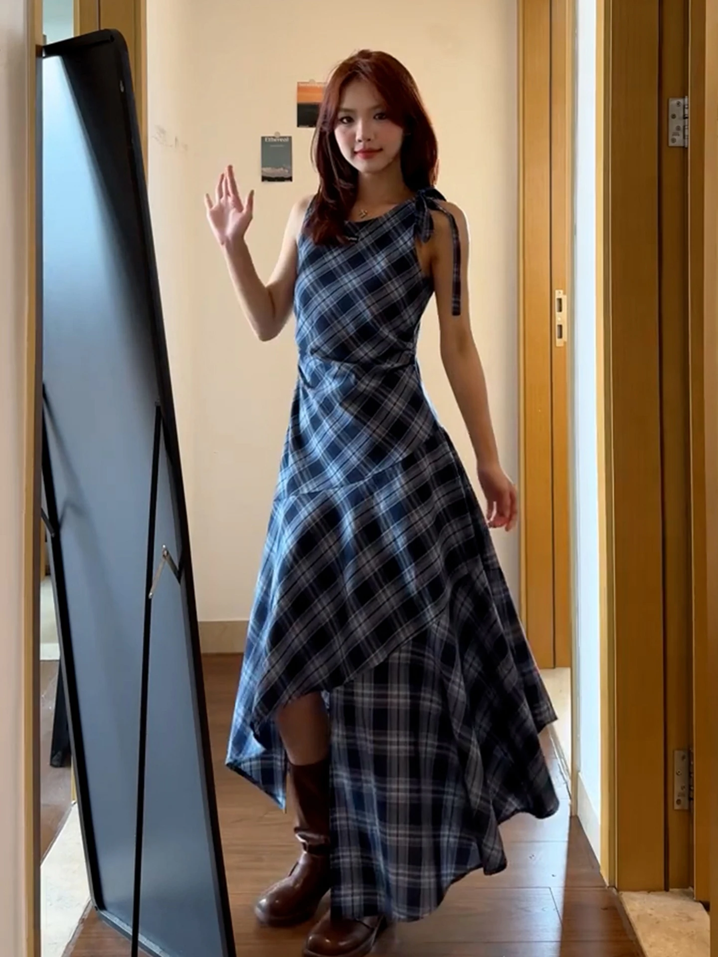 Colete francês sle xadrez svel dr feminino outono inverno emagrecimento longo dr cintura-concha faionable dr