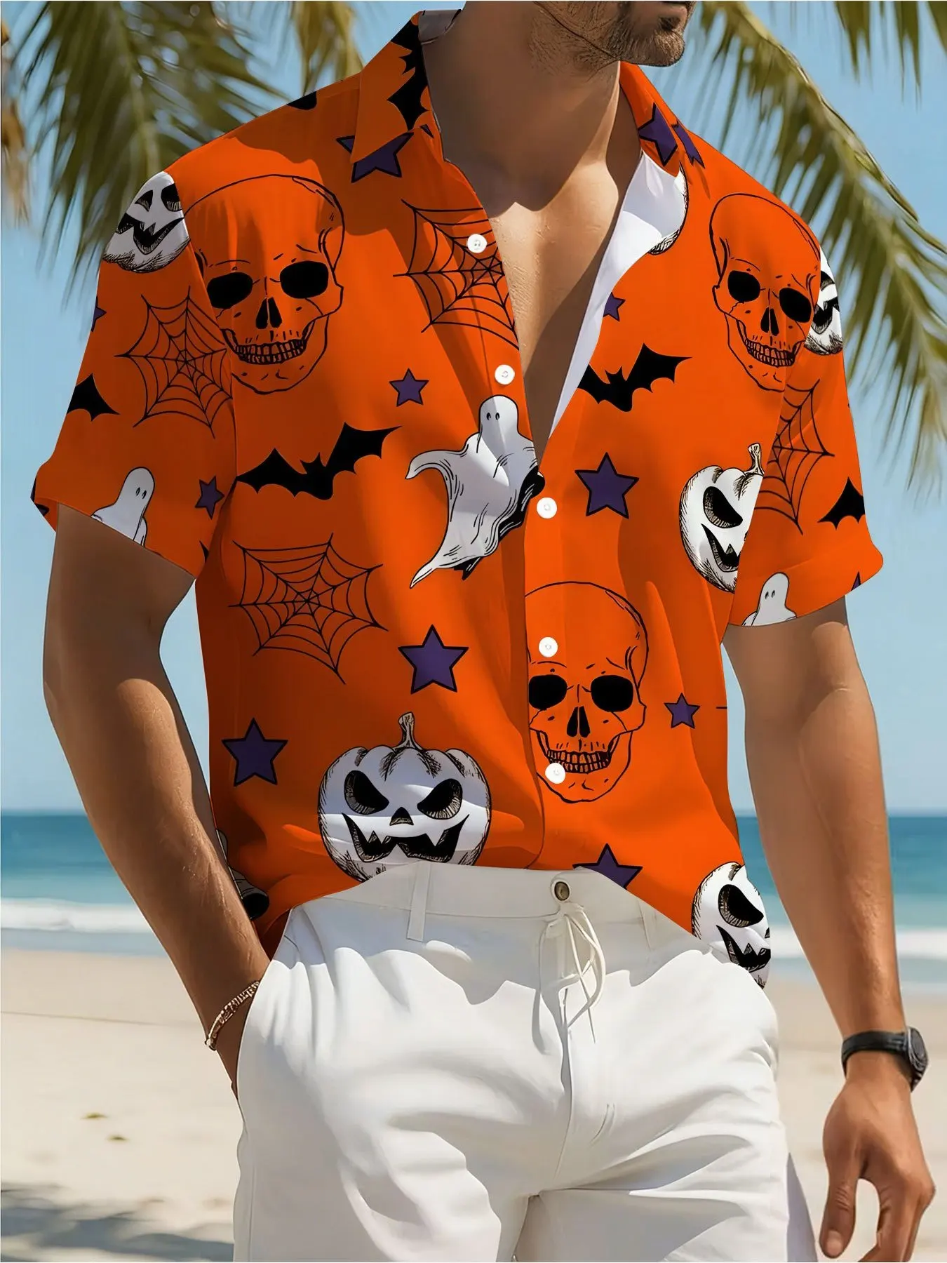 Men's Shirt Halloween Skull Pumpkin Ghost Bat Print Short Sleeve Lapel Button Down Casual Holiday Party Tops Men Clothing