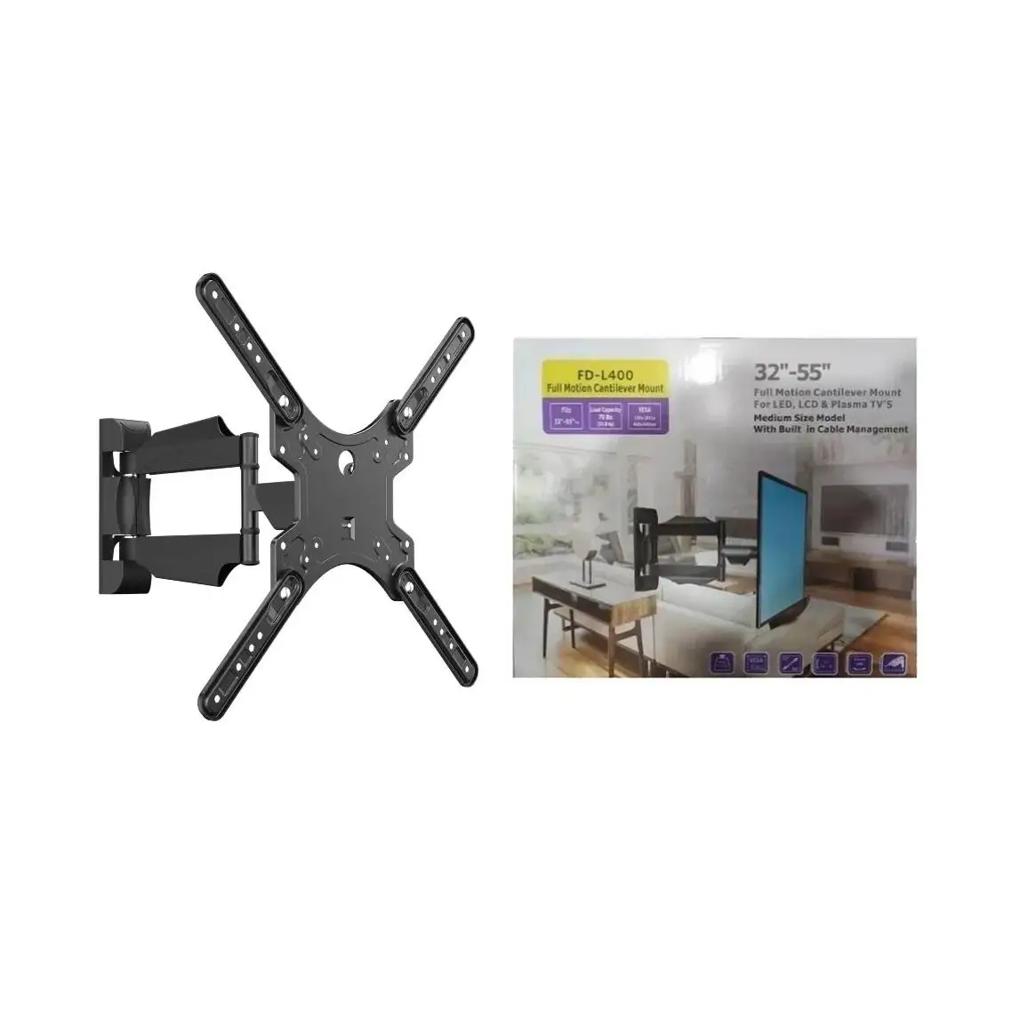 FD - Soporte de Movimiento Completo para TV LED LCD PLASMA de 32"-55" Hasta 31 Kg Instalación Fácil Organizador de Cables Integrado