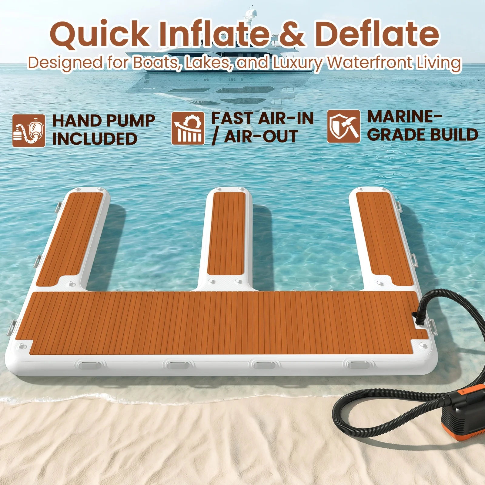 Inflatable Jet Ski Dock 13x10ft, E-Shaped Floating Platform, Thick PVC with Non-Slip EVA Deck for Boat, Ocean & Lake Use