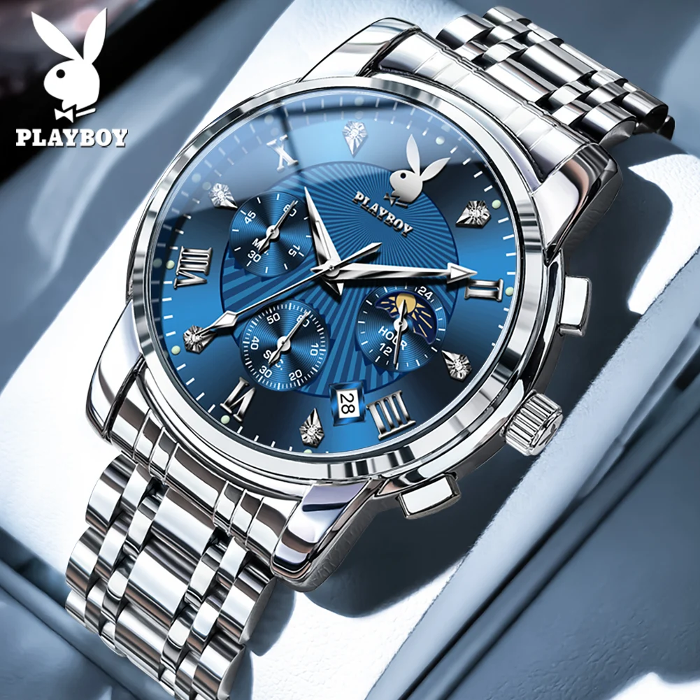 PLAYBOY 3066 Luxury Men Watch Stainless Steel Chronograph Moon