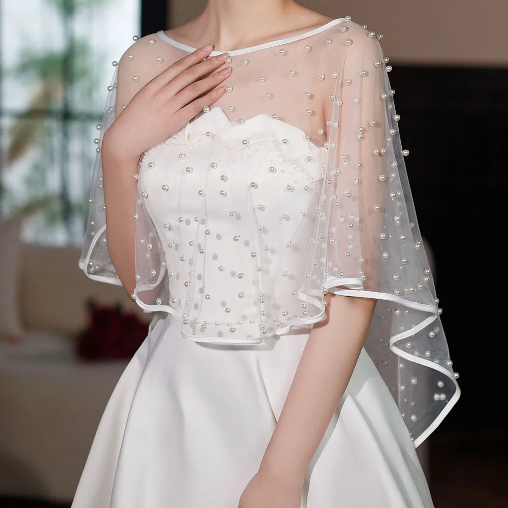 Elegante colletto Scoop con perline scialle da sposa bordo a nastro anteriore corto lungo avvolgente posteriore per accessori da sposa