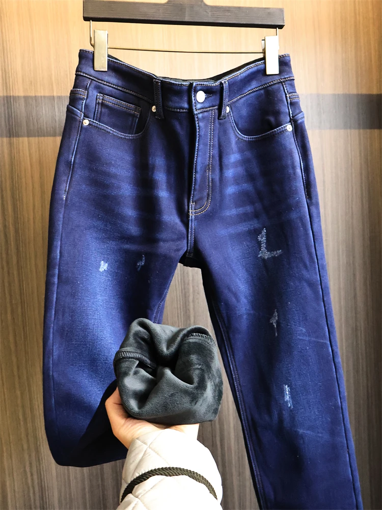 

Warm Fce Lined Thiened Waed Blue Jeans Men's Color Soft Smooth Winter Faion Straight Leg Trousers Casual Wear
