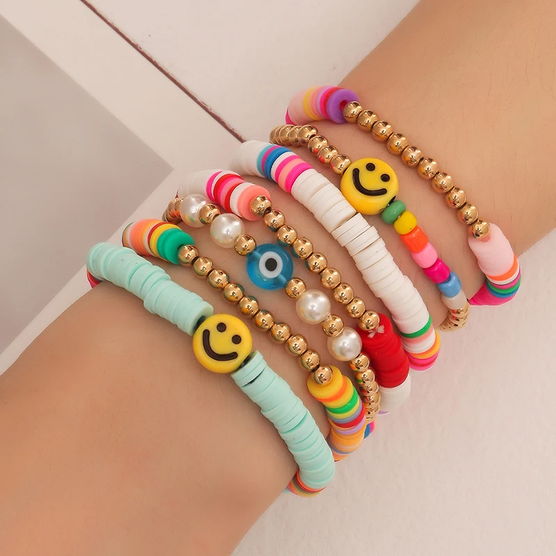 6-7Pcs/Set Bohemia Smile Face Colorful Stackable Bracelet Soft Clay Pottery Layering Friendship Bead Girl Bangle Boho Jewelry