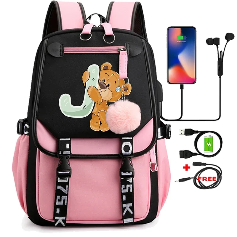 Lovely Little Bear 26 English Letters Student School Bag Backpack Outdoor Teenage Girl Cartoon Bookbag Laptop Travel Rucksack