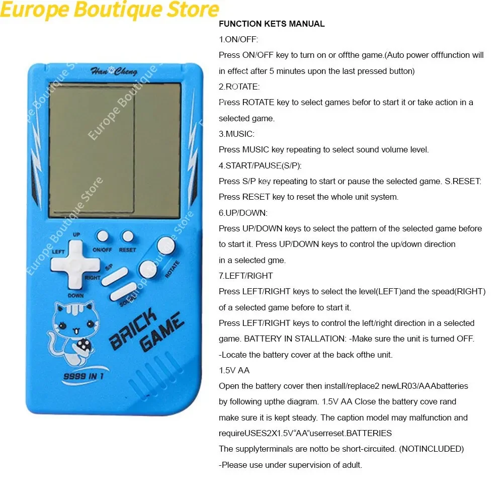 Gioco elettronico classico Puzzle retrò Giocattolo Console di gioco portatile blu a grande schermo Giocattoli per bambini