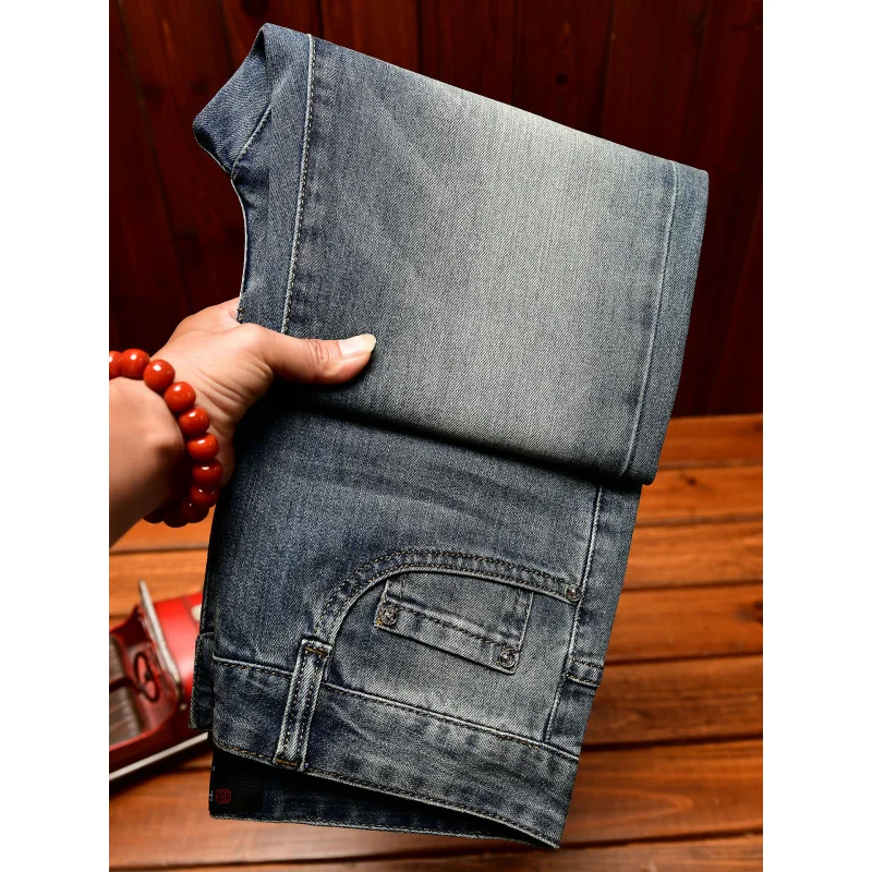 جينز عالي الجودة للرجال صيفي قابل للتمدد من قماش الدنيم بتصميم كلاسيكي عصري ومطرز بطباعة كاجوال بقصة ضيقة وسراويل طويلة للقدم الصغيرة