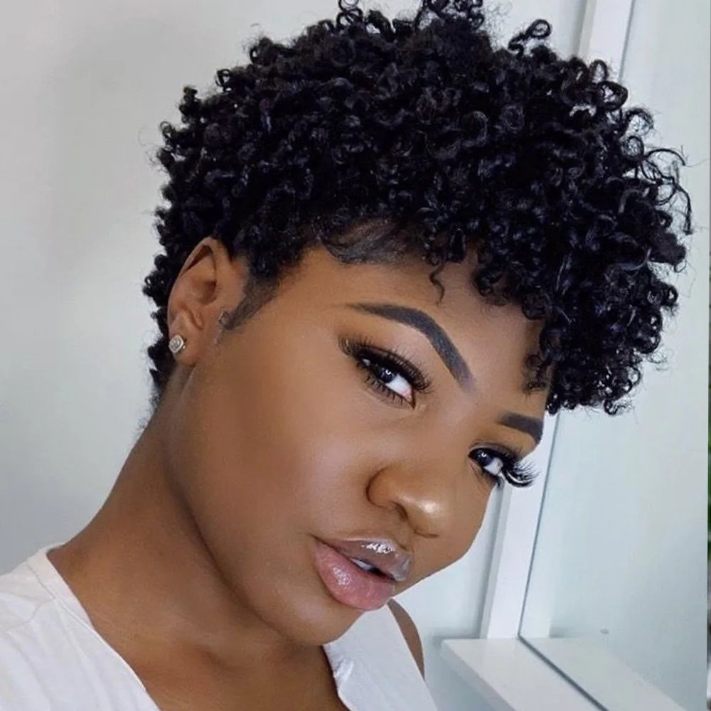 Peruka Afro Kinky Curly, afrykańska kręcona peruka wykonana w całości maszynowo z grzywką, krótka, sprężysta peruka bob z grzywką.