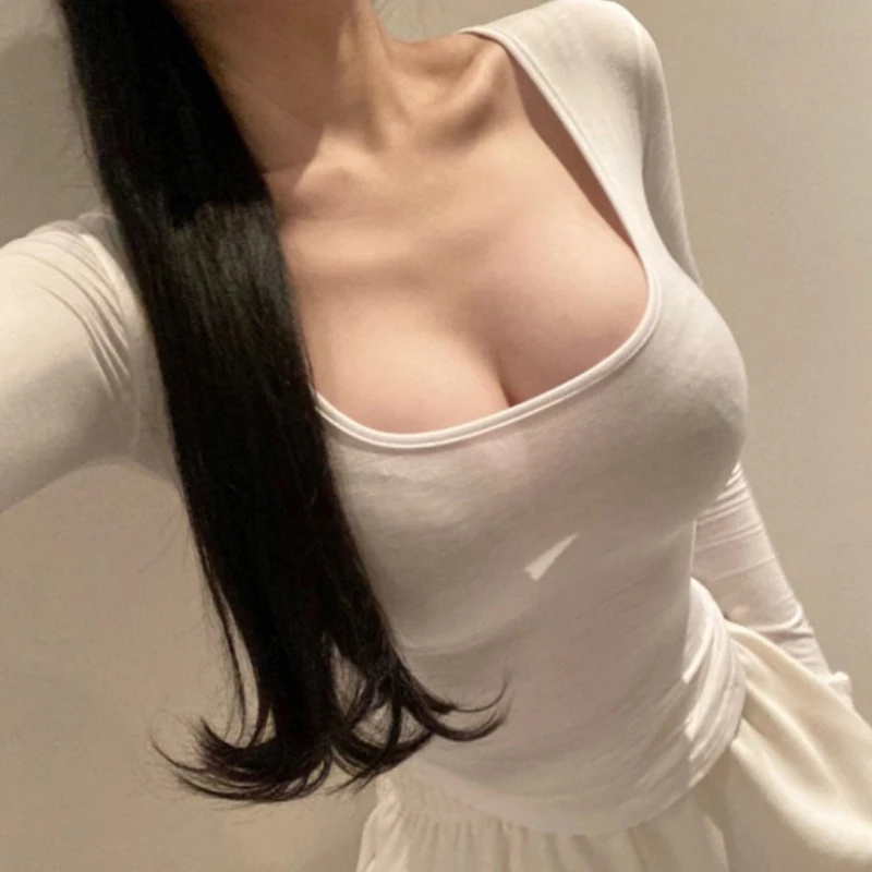 Low Cut U-Neck Transparent T-Shirt Women's Spring Autumn Sexy Bone Shoulder Large Thin Style Fashionable Top Pure Color Commu...