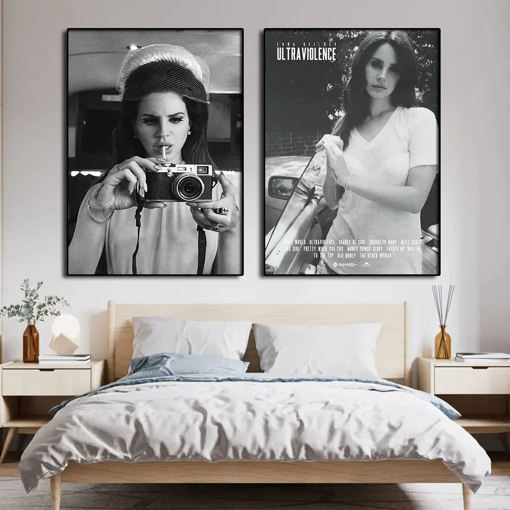 Black and White Lana Del Rey Art Girl Hold a Camera Canvas Painting Retro Poster Print Wall Picture for Living Room Home Decor